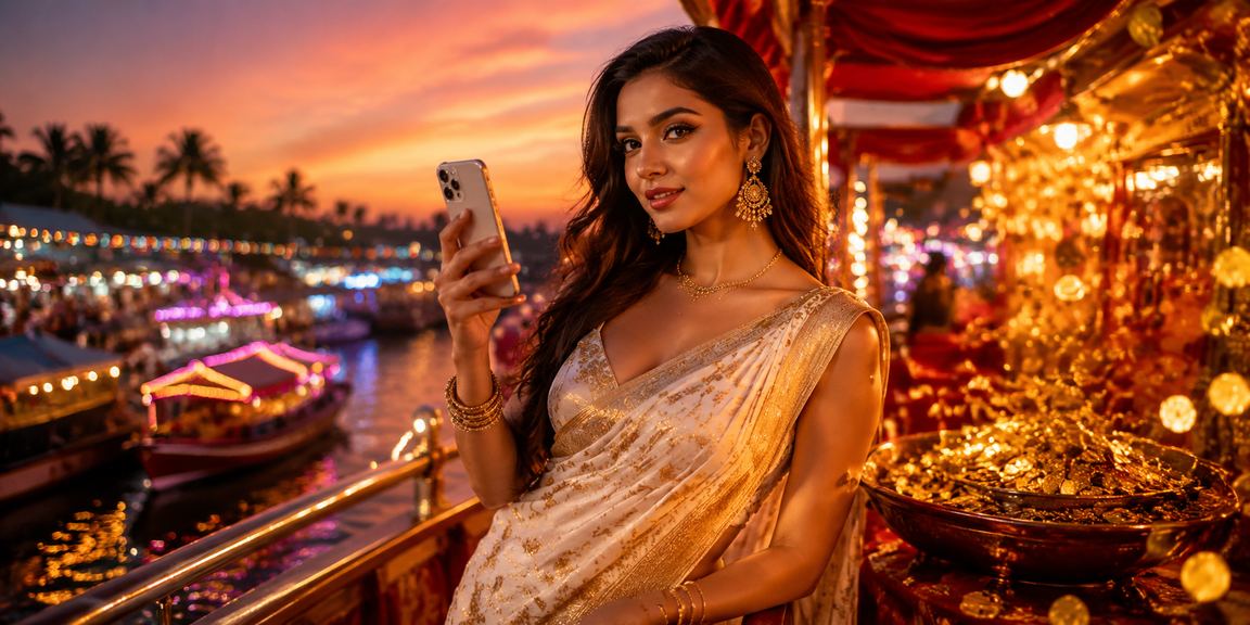 Woman using live casino mobile app near the beach in Goa