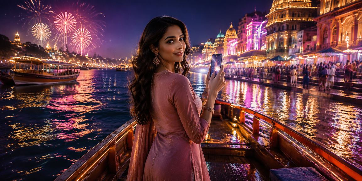 Woman using casino app on smartphone in traditional kurti